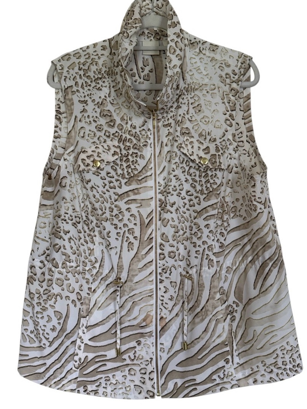 CHICO'S ZENERGY Animal Print Zip Front Vest Off White Beige Gold Drawstring XL